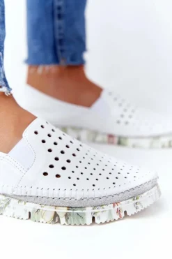 Ażurowe Skórzane Tenisówki Półbuty Slip-On Maciejka Białe 03512B-11