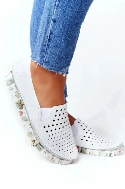 Ażurowe Skórzane Tenisówki Półbuty Slip-On Maciejka Białe 03512B-11