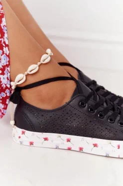 Ażurowe Skórzane Tenisówki W Kwiaty Czarne Spring