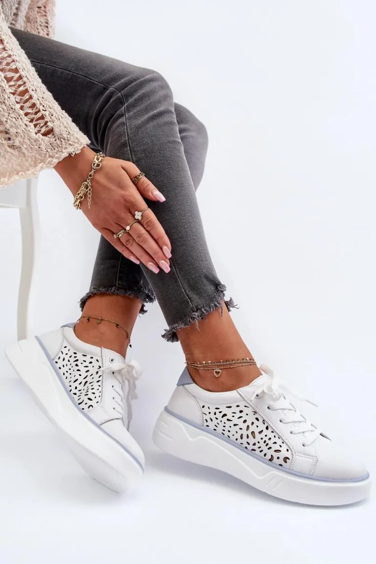 Ażurowe Sneakersy Damskie Na Platformie Skórzane Białe Peilaeno