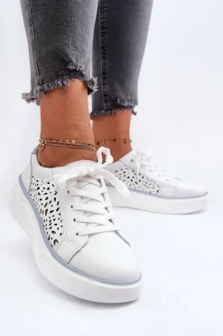 Ażurowe Sneakersy Damskie Na Platformie Skórzane Białe Peilaeno