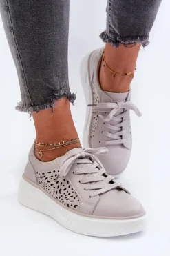 Ażurowe Sneakersy Damskie Na Platformie Skórzane Szare Peilaeno