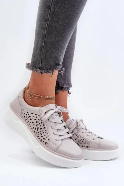Ażurowe Sneakersy Damskie Na Platformie Skórzane Szare Peilaeno