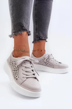 Ażurowe Sneakersy Damskie Na Platformie Skórzane Szare Peilaeno