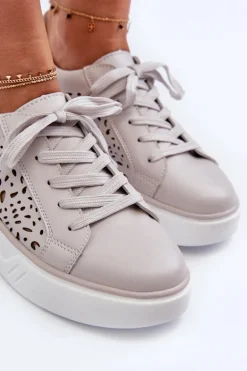 Ażurowe Sneakersy Damskie Na Platformie Skórzane Szare Peilaeno