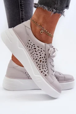 Ażurowe Sneakersy Damskie Na Platformie Skórzane Szare Peilaeno