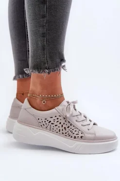 Ażurowe Sneakersy Damskie Na Platformie Skórzane Szare Peilaeno