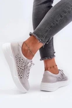 Ażurowe Sneakersy Damskie Na Platformie Skórzane Szare Peilaeno