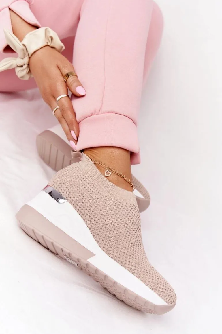 Ażurowe Sneakersy Slip-On Na Koturnie Beżowe Harmony
