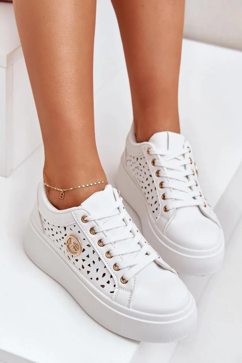 Ażurowe Sneakersy Ze Złotym Detalem Białe Cassildi