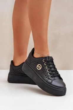 Ażurowe Sneakersy Ze Złotym Detalem Czarne Cassildi