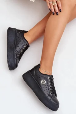 Ażurowe Sneakersy Ze Złotym Detalem Czarne Cassildi