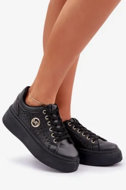 Ażurowe Sneakersy Ze Złotym Detalem Czarne Cassildi
