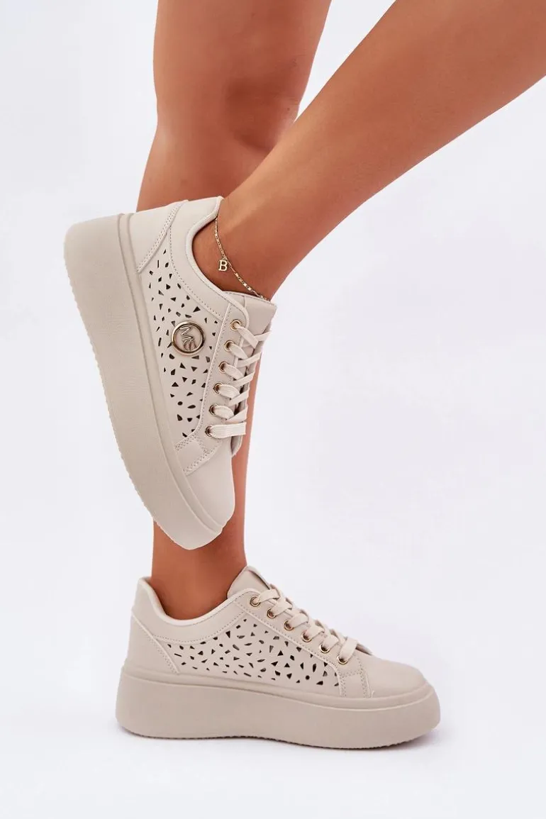 Ażurowe Sneakersy Ze Złotym Detalem Beżowe Cassildi