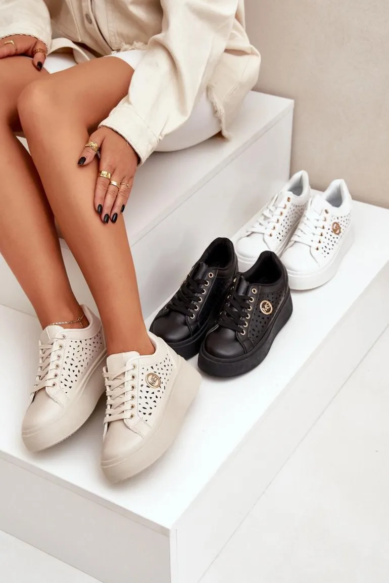 Ażurowe Sneakersy Ze Złotym Detalem Beżowe Cassildi