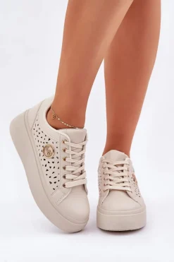 Ażurowe Sneakersy Ze Złotym Detalem Beżowe Cassildi