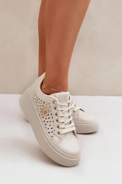 Ażurowe Sneakersy Ze Złotym Detalem Beżowe Cassildi