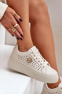 Ażurowe Sneakersy Ze Złotym Detalem Beżowe Cassildi