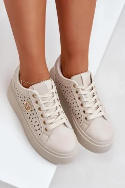 Ażurowe Sneakersy Ze Złotym Detalem Beżowe Cassildi