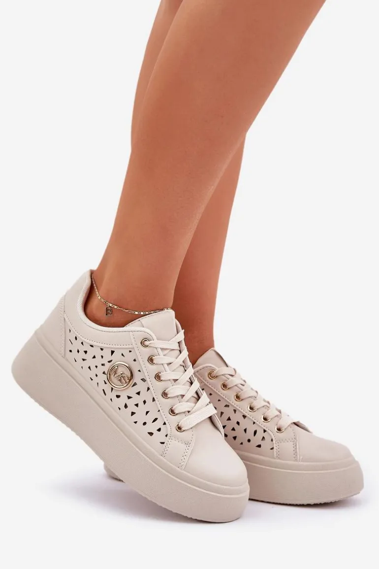 Ażurowe Sneakersy Ze Złotym Detalem Beżowe Cassildi