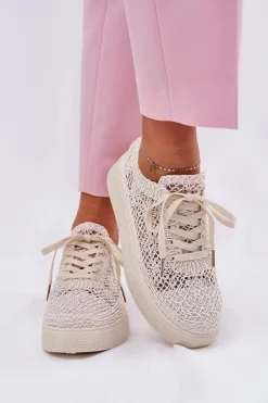 Ażurowe Tenisówki Damskie Na Platformie Jasnobeżowe Aranelith