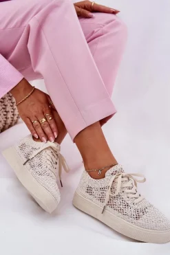 Ażurowe Tenisówki Damskie Na Platformie Jasnobeżowe Aranelith