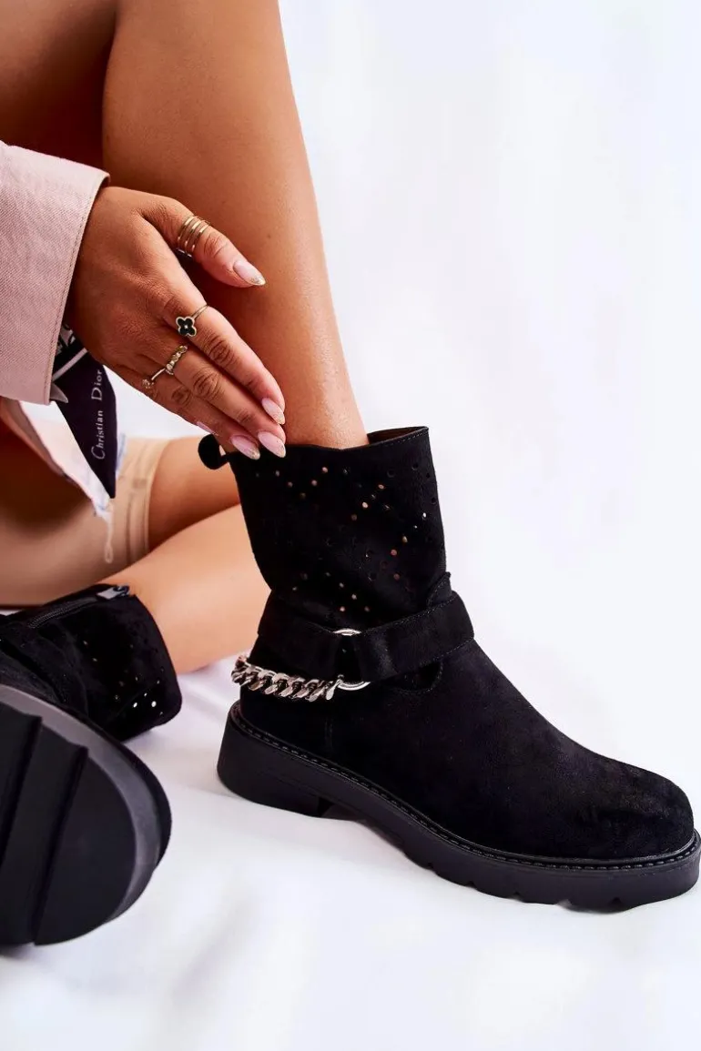 Ażurowe Wiosenne Botki Na Suwak Z Łańcuchem Czarne Chantelle
