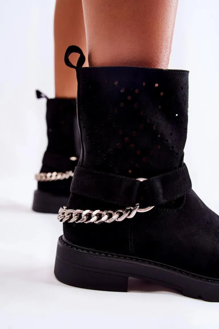 Ażurowe Wiosenne Botki Na Suwak Z Łańcuchem Czarne Chantelle