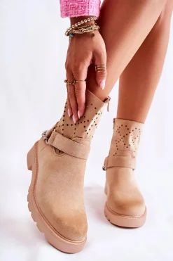 Ażurowe Wiosenne Botki Na Suwak Z Łańcuchem Beżowe Chantelle