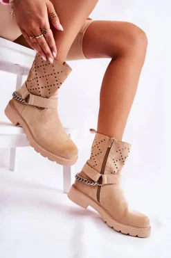 Ażurowe Wiosenne Botki Na Suwak Z Łańcuchem Beżowe Chantelle