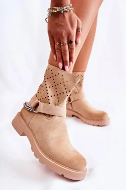 Ażurowe Wiosenne Botki Na Suwak Z Łańcuchem Beżowe Chantelle