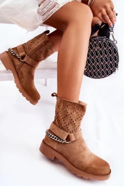 Ażurowe Wiosenne Botki Na Suwak Z Łańcuchem Brązowe Chantelle