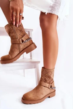 Ażurowe Wiosenne Botki Na Suwak Z Łańcuchem Brązowe Chantelle
