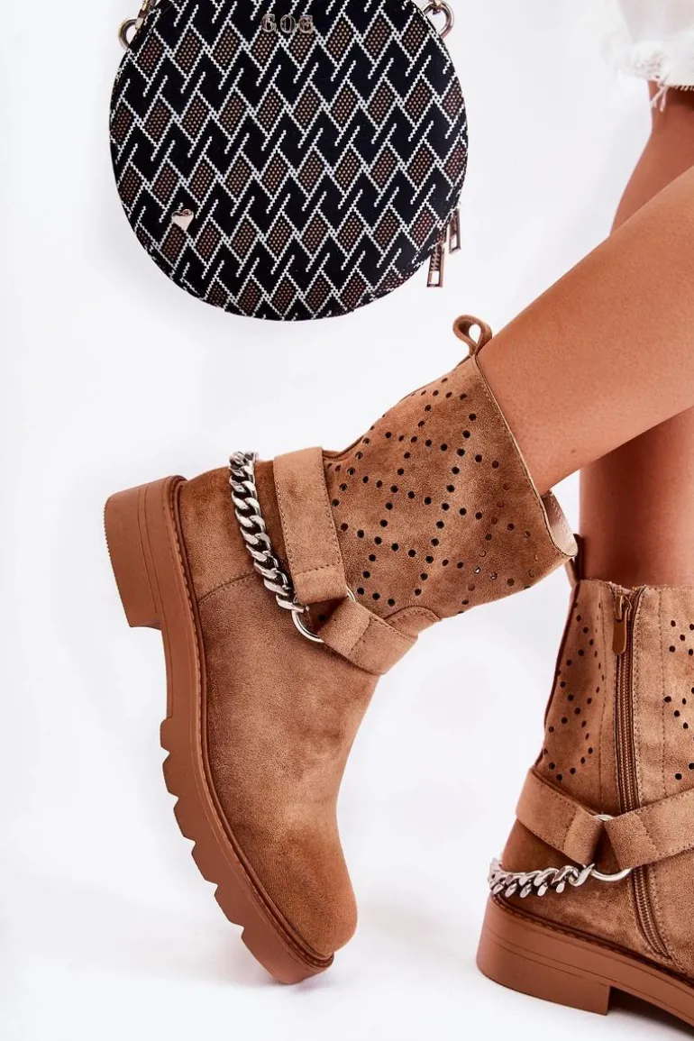 Ażurowe Wiosenne Botki Na Suwak Z Łańcuchem Brązowe Chantelle