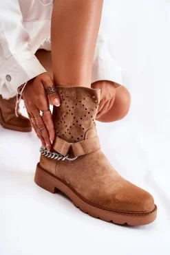 Ażurowe Wiosenne Botki Na Suwak Z Łańcuchem Brązowe Chantelle