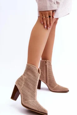 Ażurowe Zamszowe Botki Na Słupku Beżowe Logan