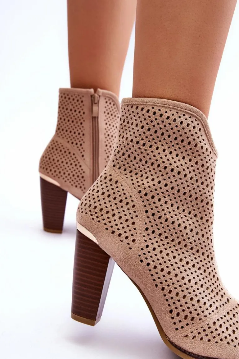 Ażurowe Zamszowe Botki Na Słupku Beżowe Logan