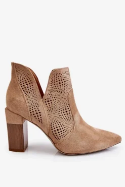 Ażurowe Zamszowe Botki Na Obcasie Beżowe Leanna