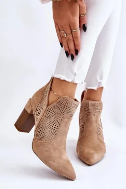 Ażurowe Zamszowe Botki Na Obcasie Beżowe Leanna