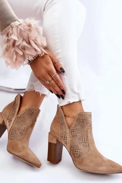 Ażurowe Zamszowe Botki Na Obcasie Beżowe Leanna