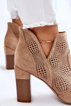 Ażurowe Zamszowe Botki Na Obcasie Beżowe Leanna