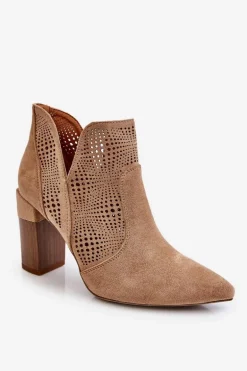 Ażurowe Zamszowe Botki Na Obcasie Beżowe Leanna