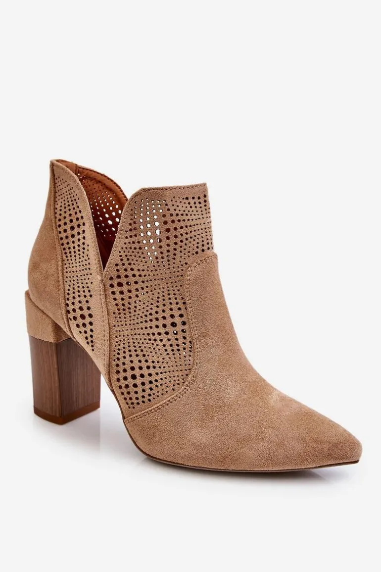 Ażurowe Zamszowe Botki Na Obcasie Beżowe Leanna