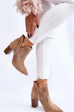 Ażurowe Zamszowe Botki Na Obcasie Beżowe Leanna