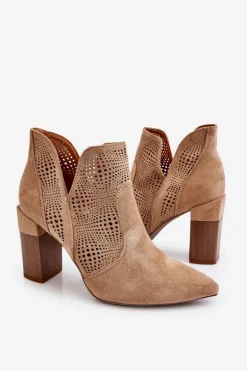 Ażurowe Zamszowe Botki Na Obcasie Beżowe Leanna