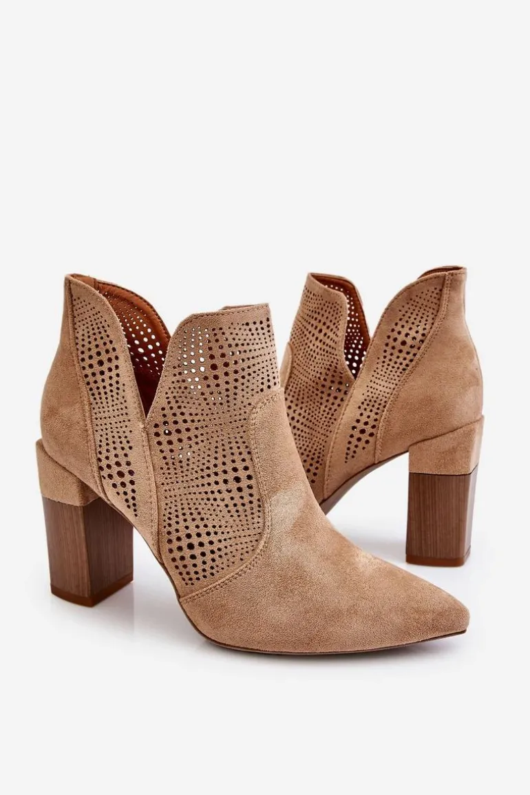 Ażurowe Zamszowe Botki Na Obcasie Beżowe Leanna