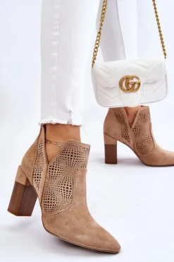 Ażurowe Zamszowe Botki Na Obcasie Beżowe Leanna