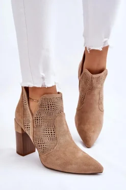 Ażurowe Zamszowe Botki Na Obcasie Beżowe Leanna