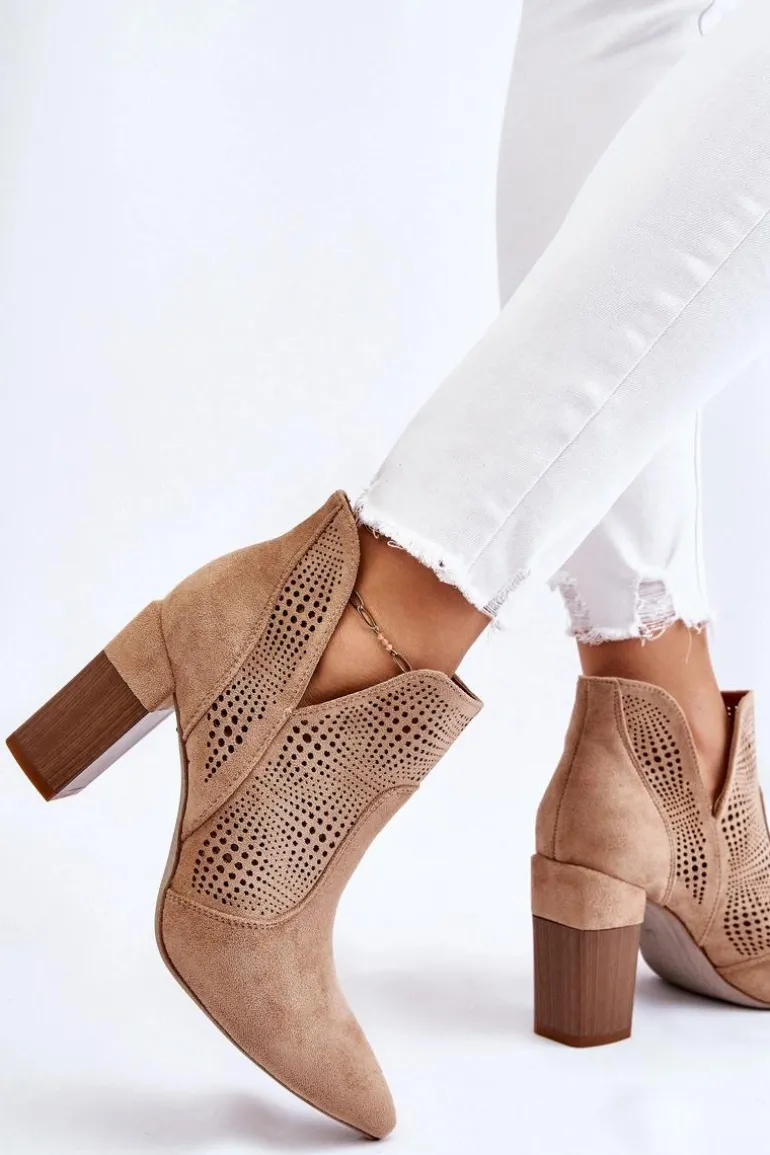 Ażurowe Zamszowe Botki Na Obcasie Beżowe Leanna