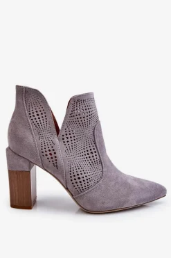 Ażurowe Zamszowe Botki Na Obcasie Szare Leanna